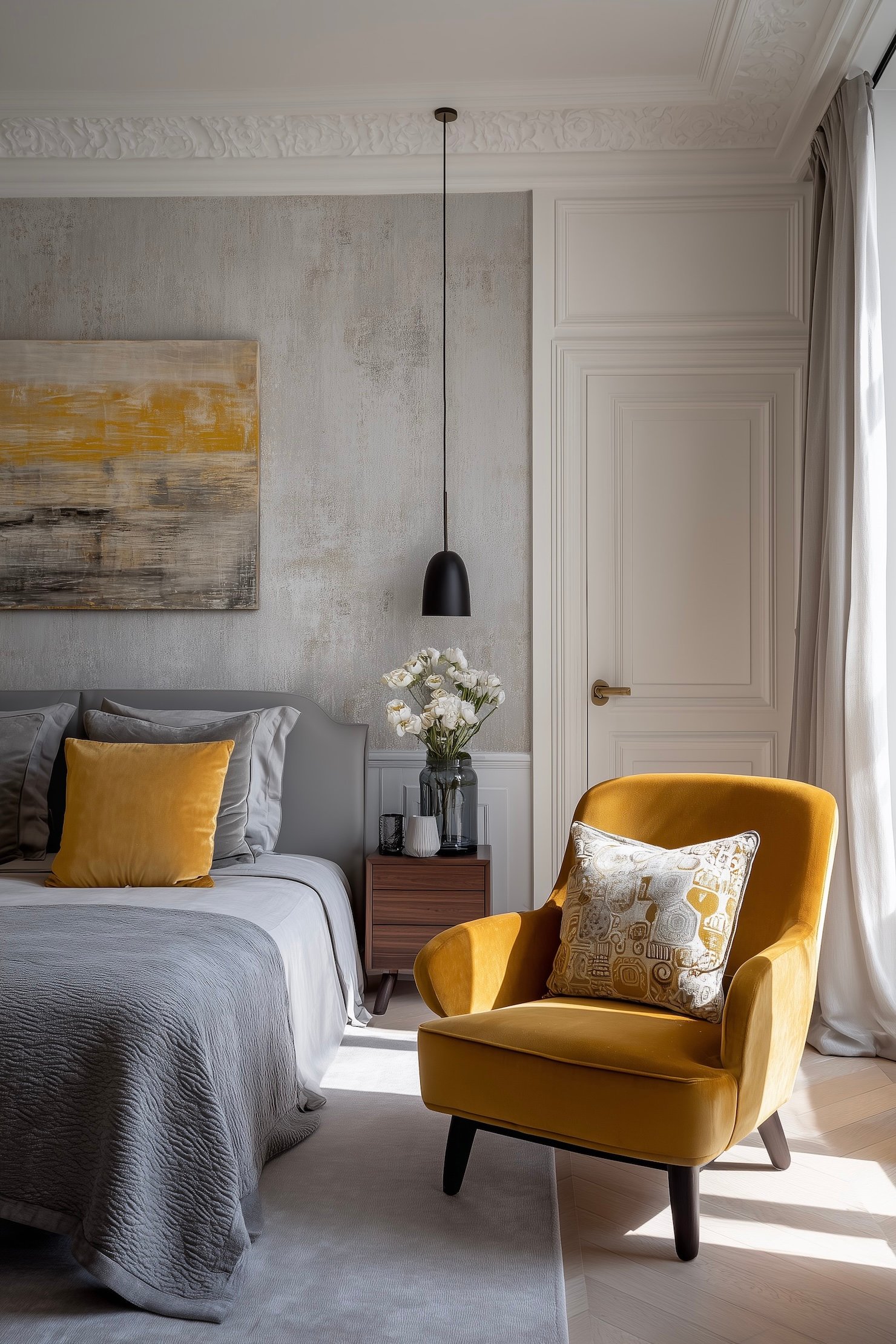 appartement traditionnel Paris crapaud jaune lit gris