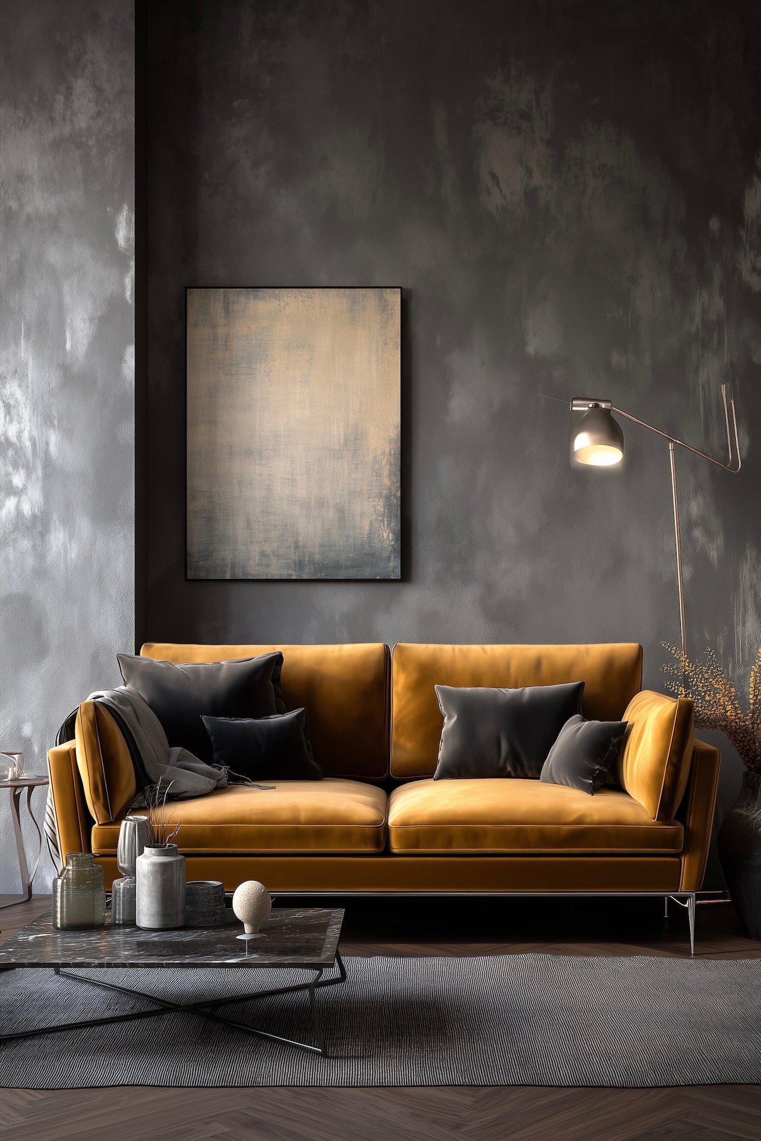 canapé velours jaune mur brut salon style loft