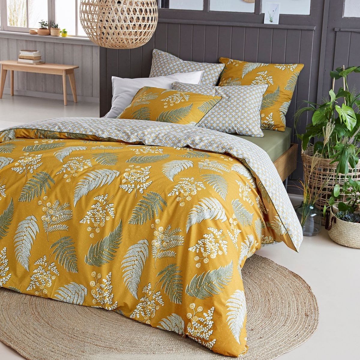 chambre déco jaune vert kaki osier urban jungle