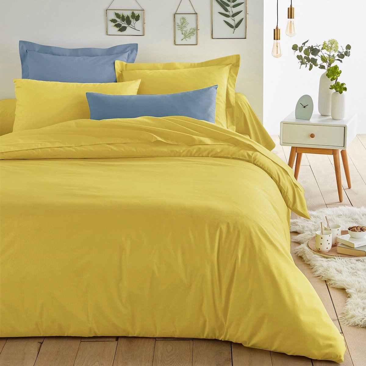 déco jaune chambre drap lumineux coton bleu pastel