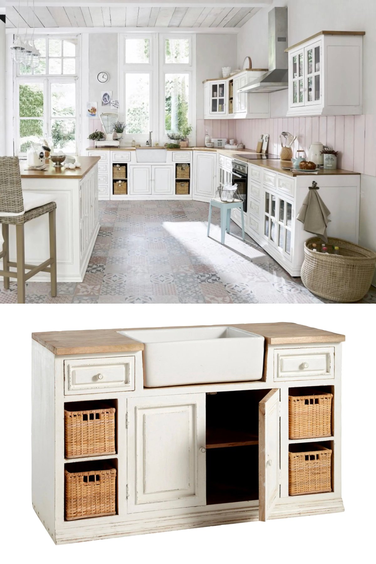 meuble blanc avec évier timbre d'office céramique bois manguier