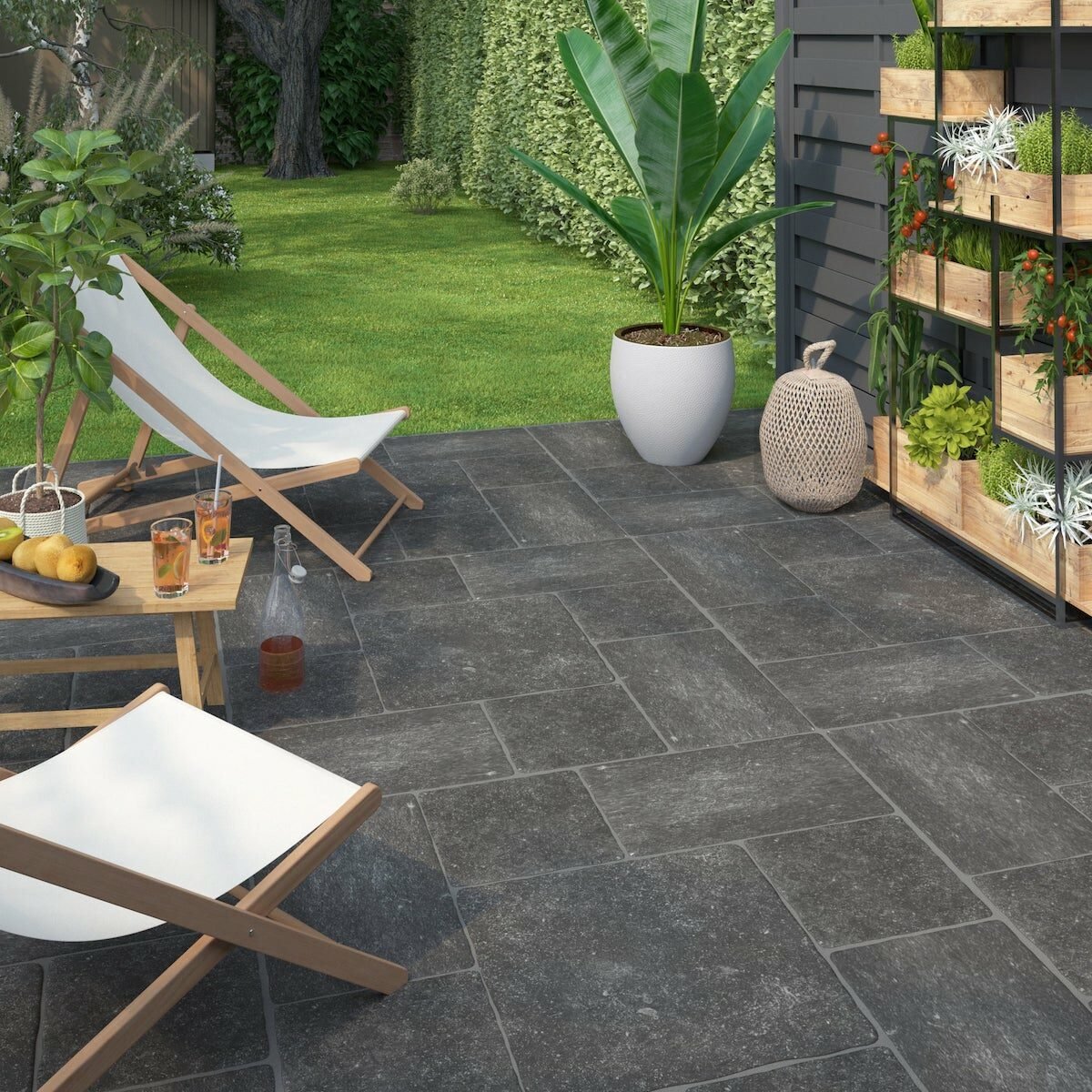 pierre bleue terrasse jardin transat bois blanc