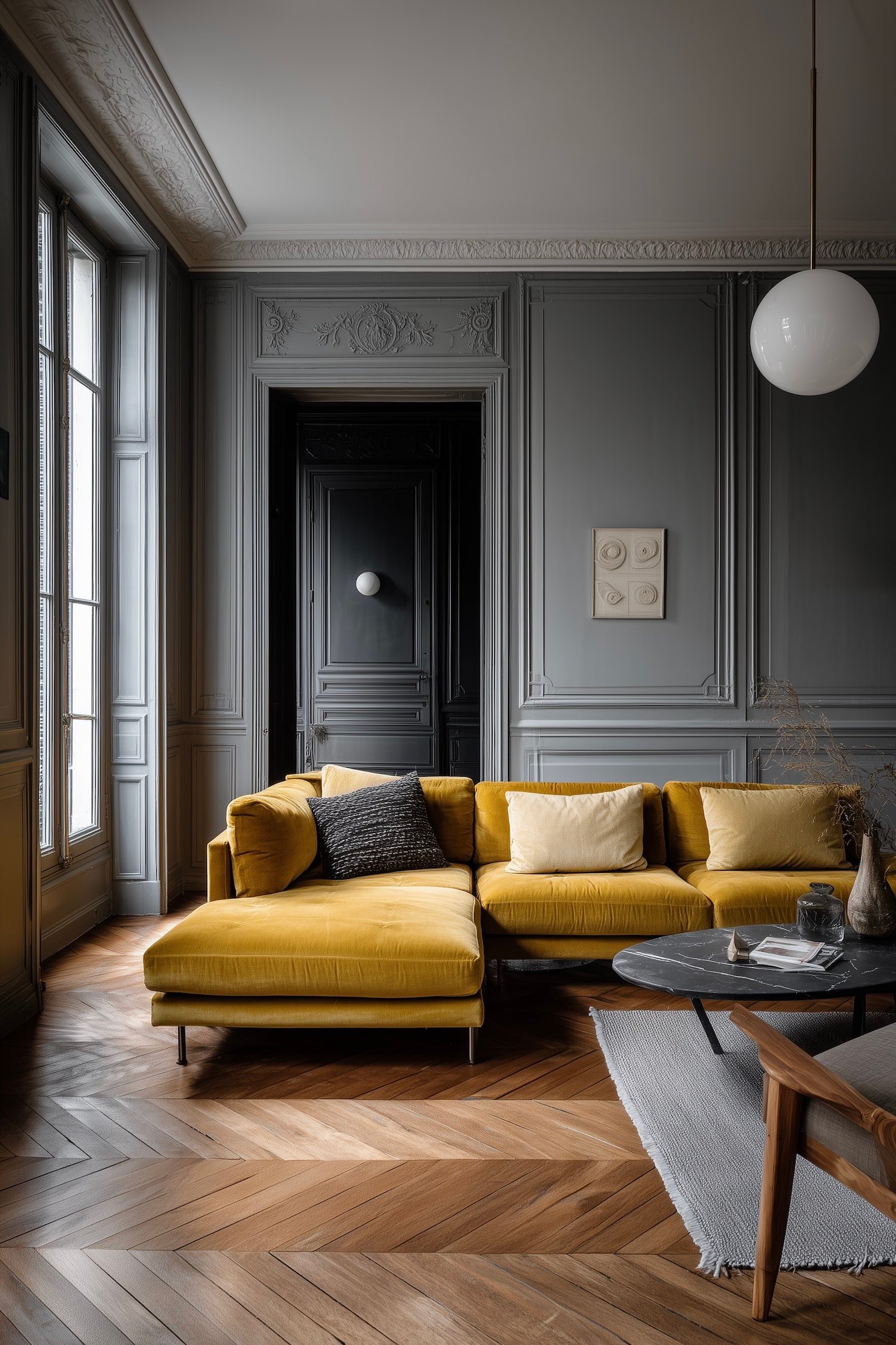 salon moulures rosaces peint gris décoration moderne