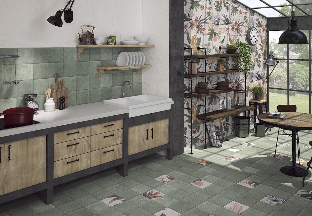 carrelage en ciment motif végétaux cuisine ouverte véranda