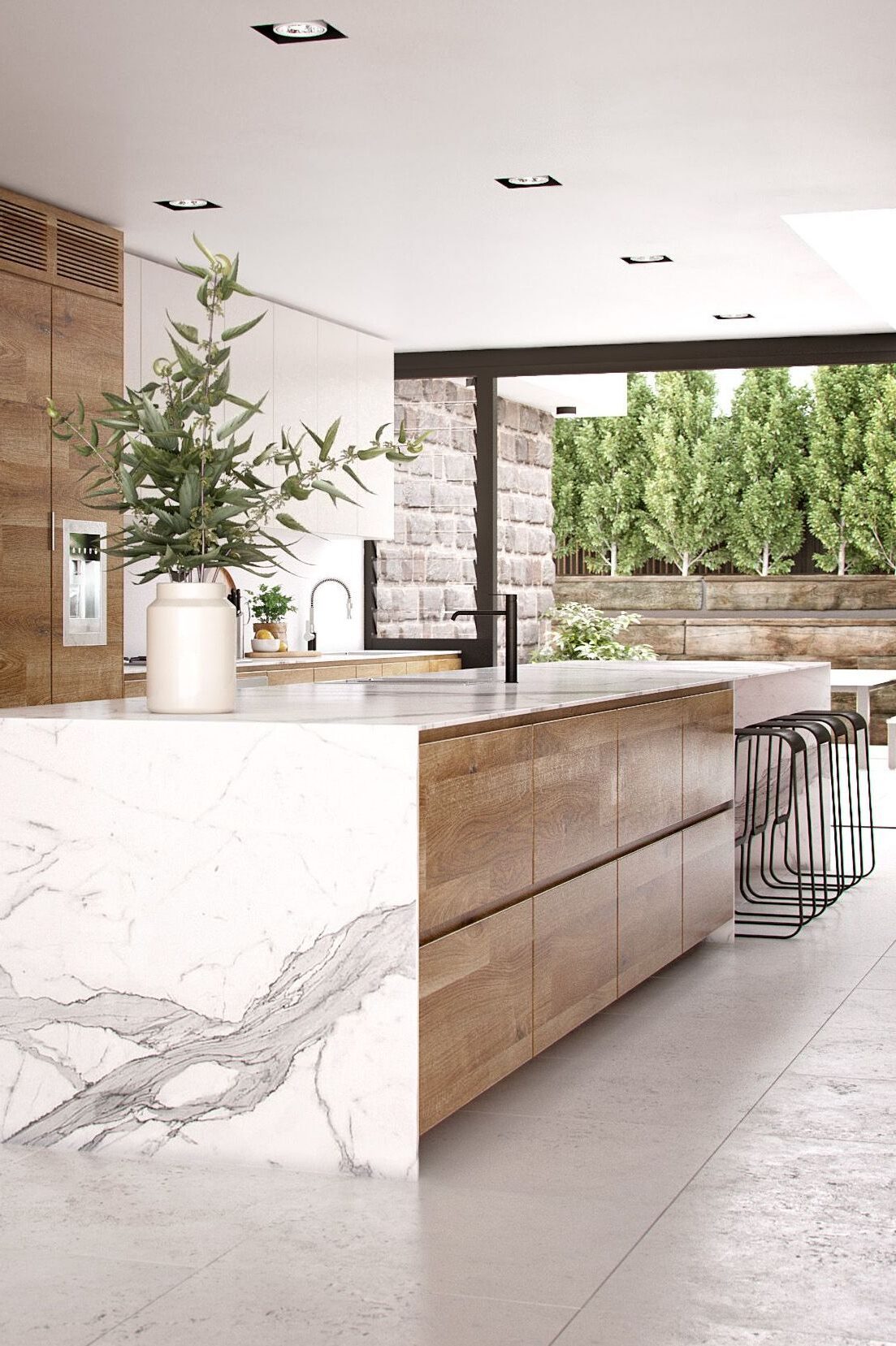 deco intérieure lumineuse spacieuse ilot central marbre blanc bois