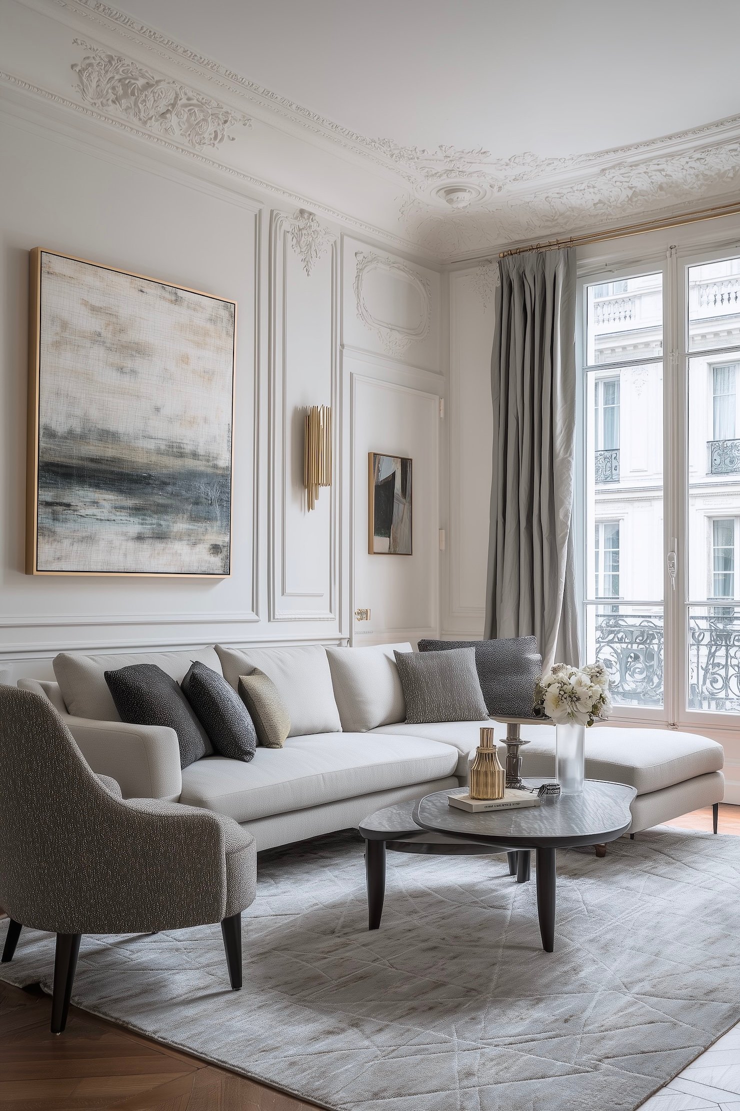 appartement Paris moulures déco blanche bleu gris chic