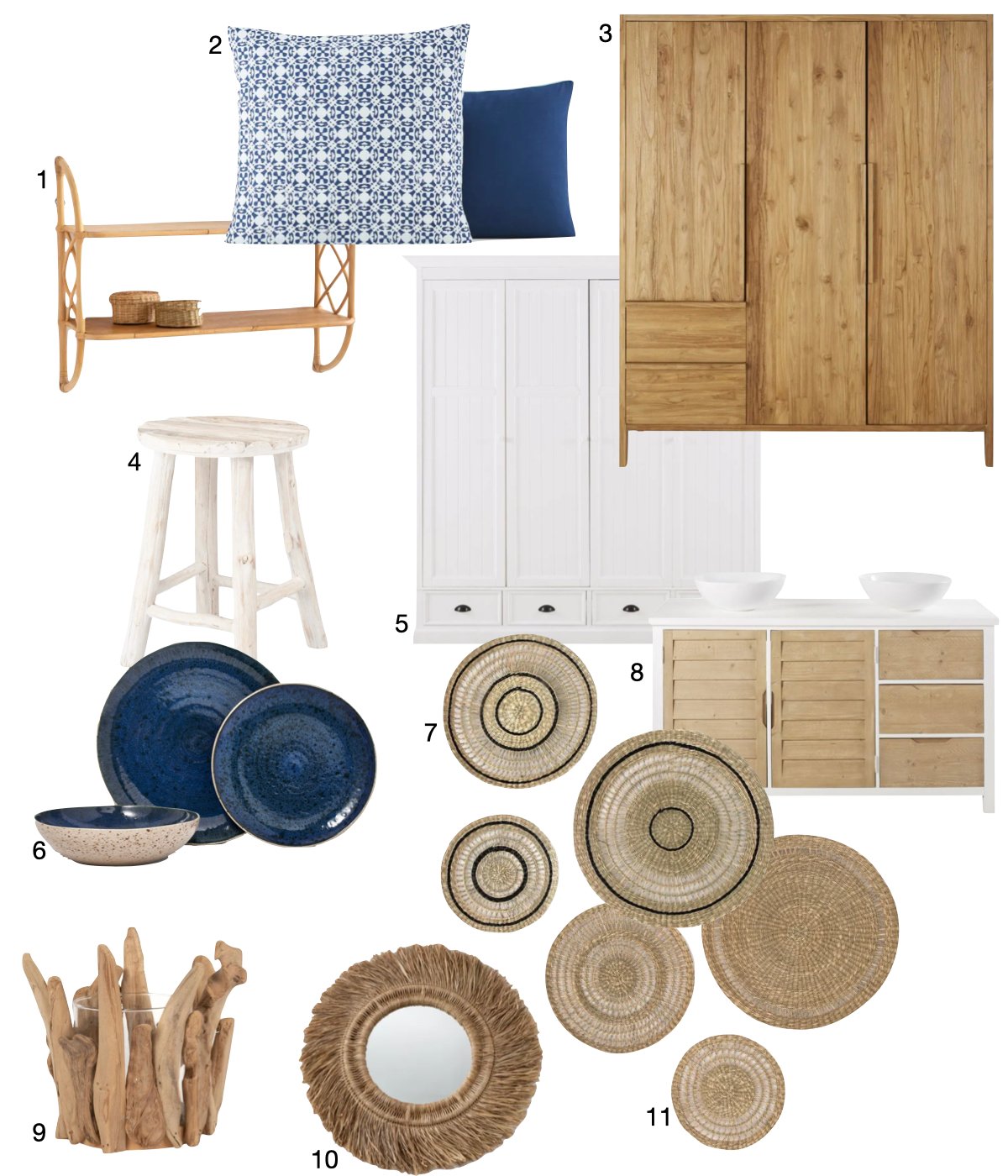 deco intérieure bord de mer meuble bois osier rotin vaisselle bleu