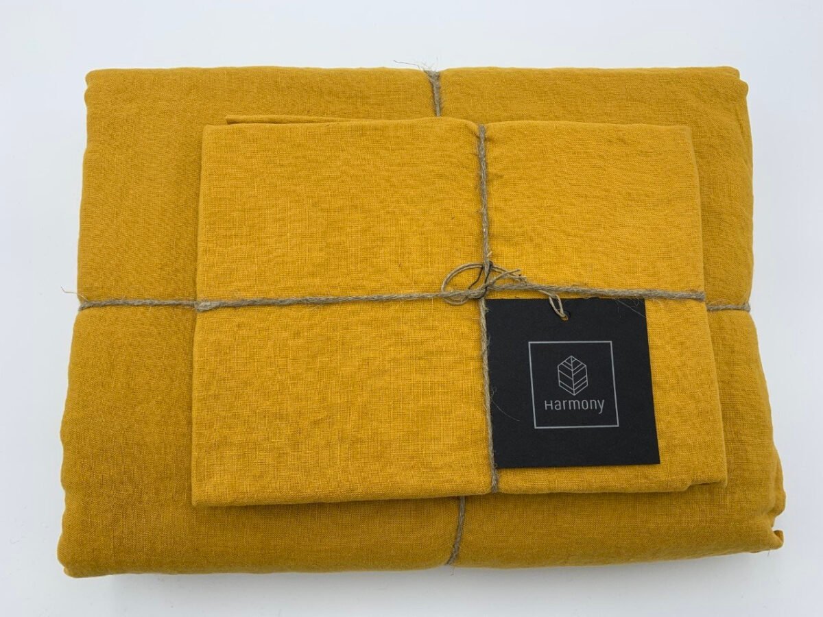drap housse couette lin lavé jaune moutarde safran harmony
