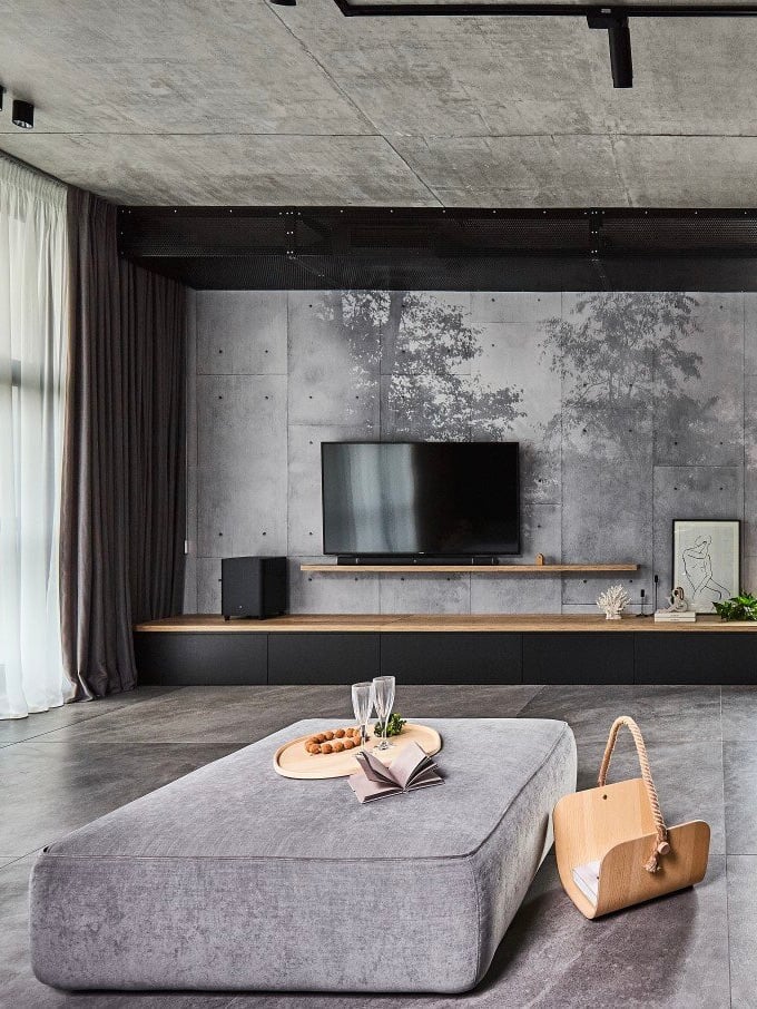 papier peint panneau fresque murale dessin forêt meuble tv suspendu étagère bois