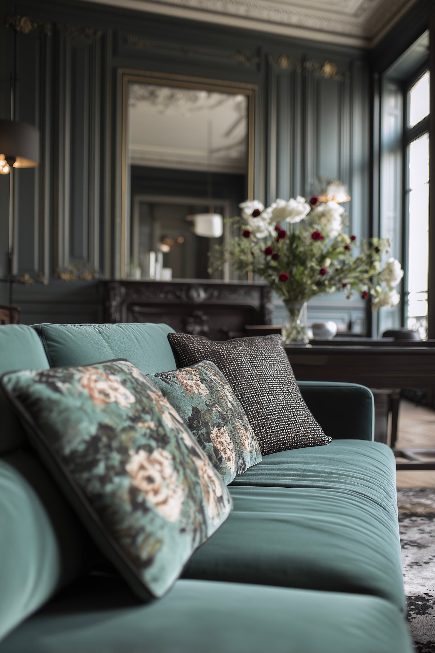 salon appartement parisien vert velours peinture