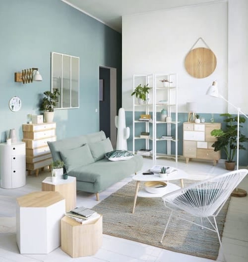 banquette convertible 2 place vert d'eau céladon salon blanc bord de mer