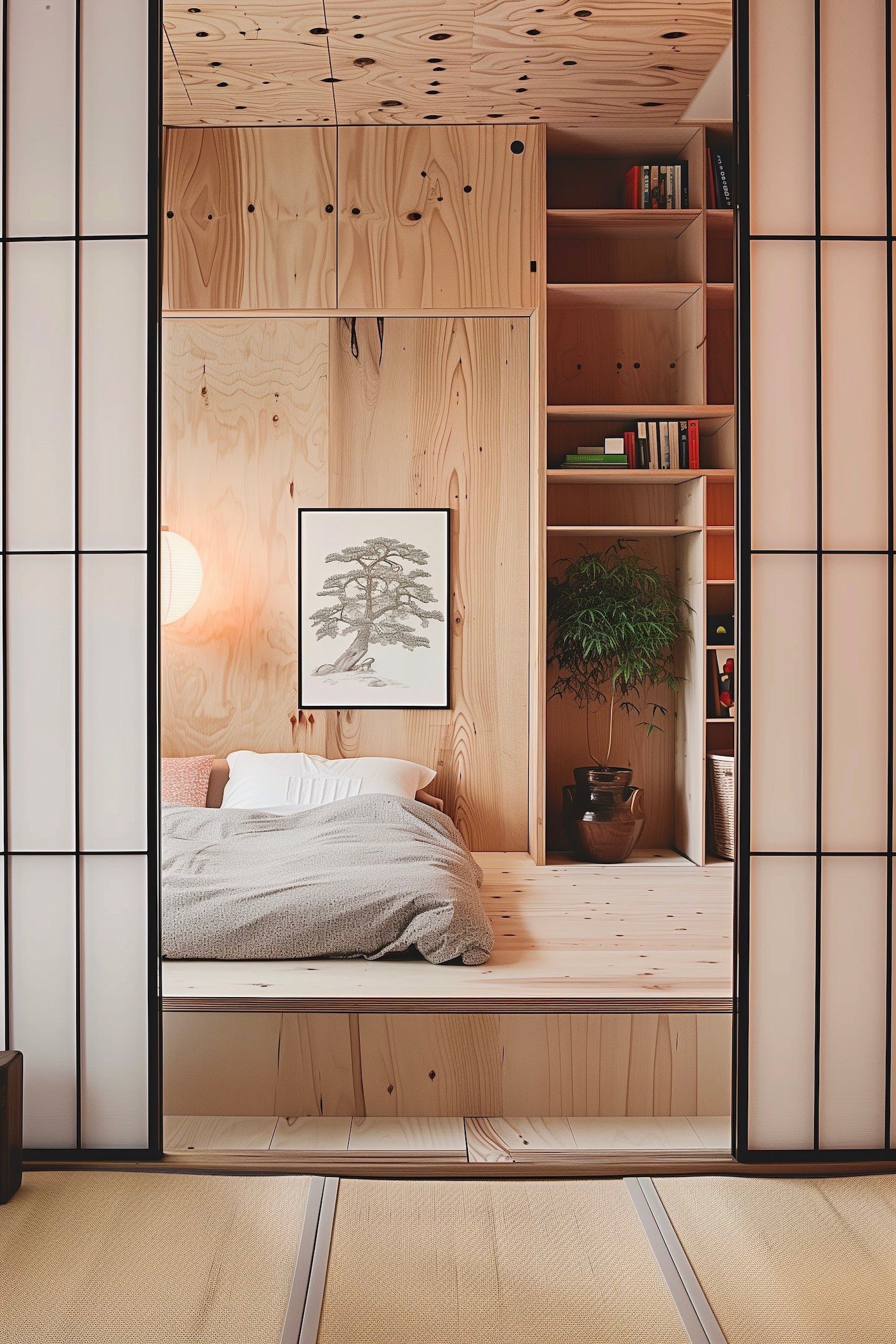 chambre estrade lit déco japonaise claustra ajourée film