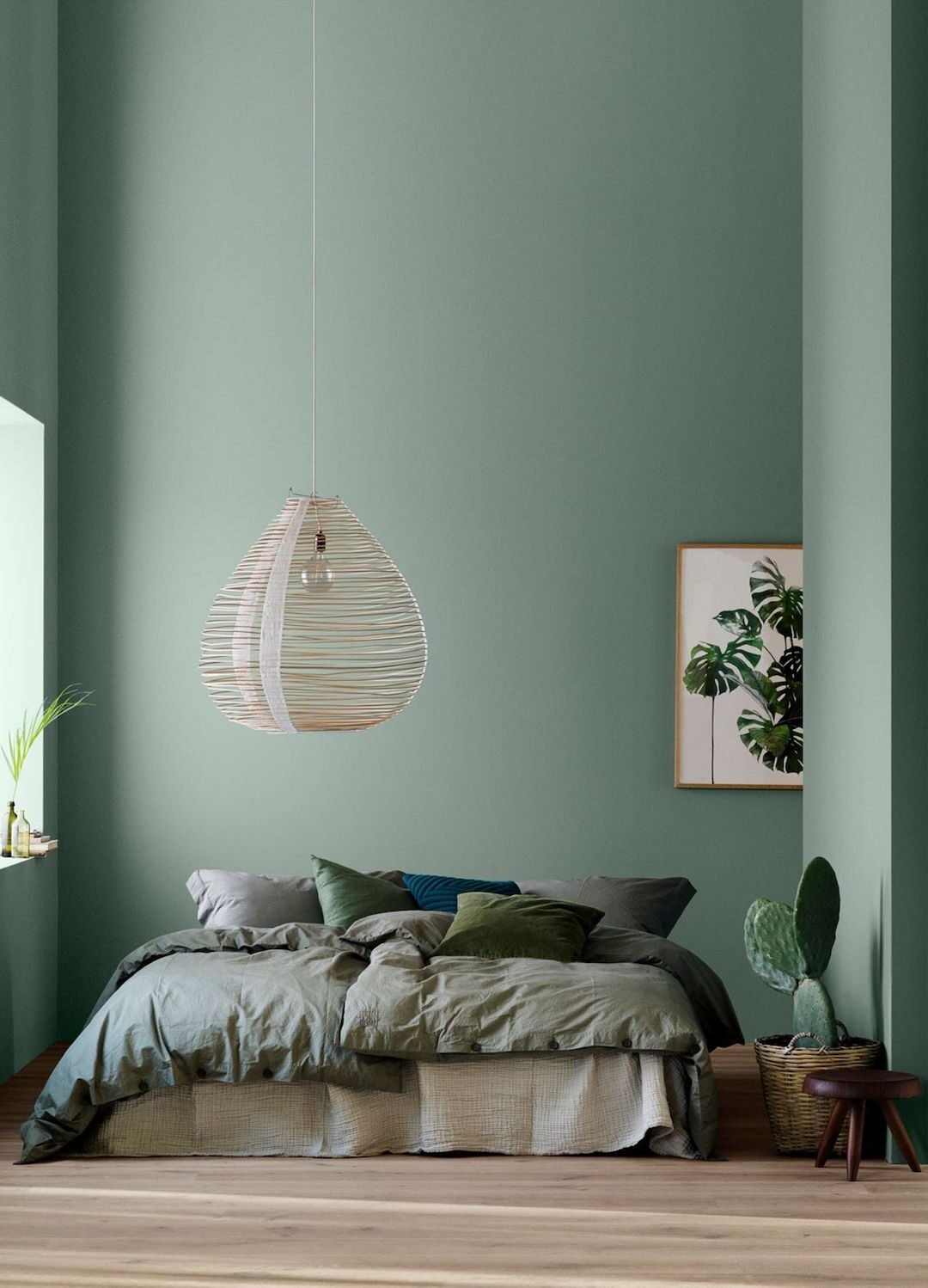 chambre vert suspension fibre naturelle parquet bois lamé