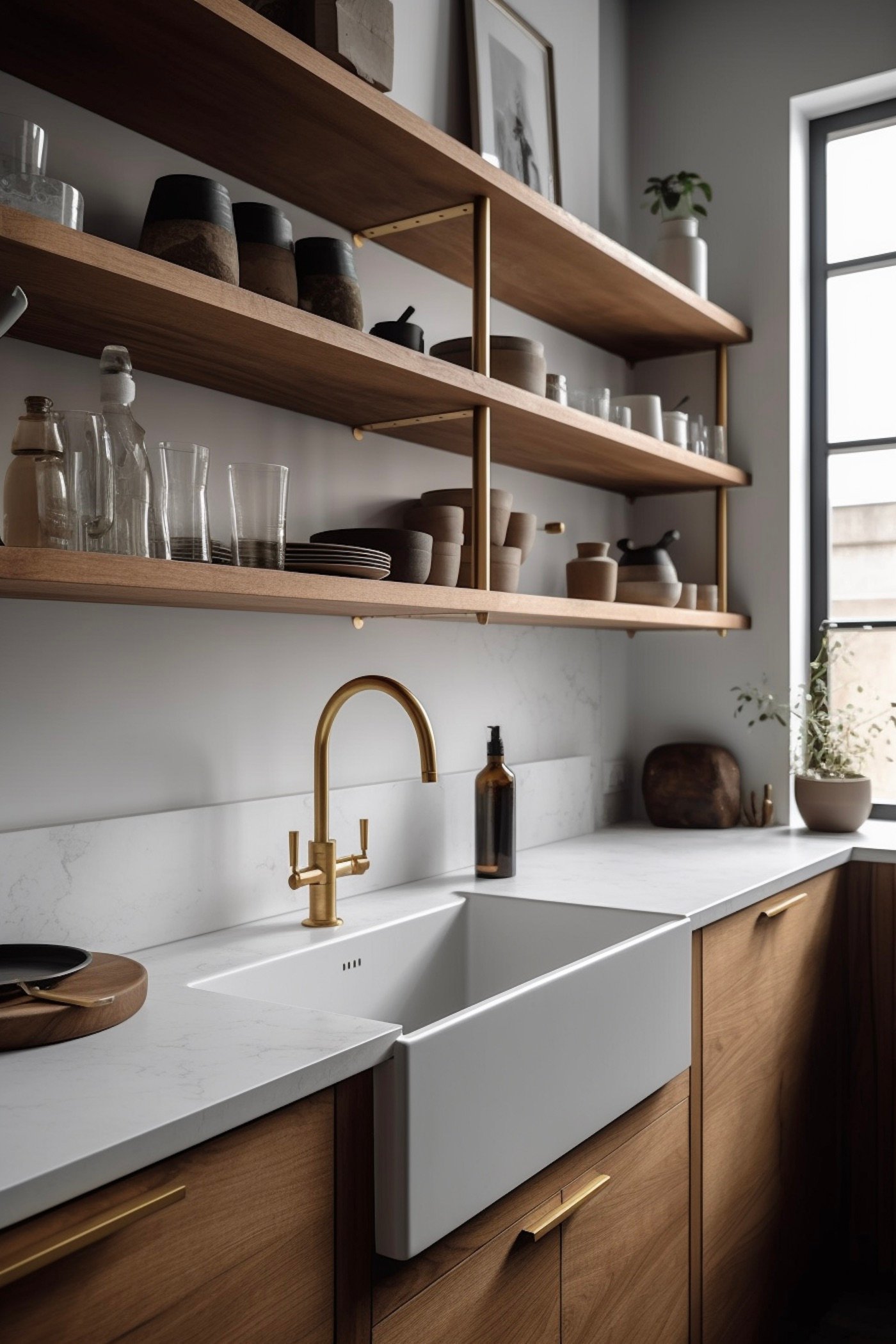 cuisine bois blanche laiton robinet évier rétro