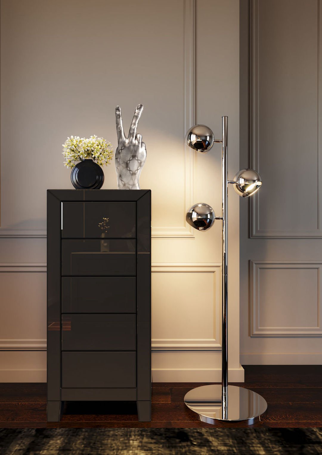 deco intérieure sculpture main argenté salon design contemporain lampadaire argenté