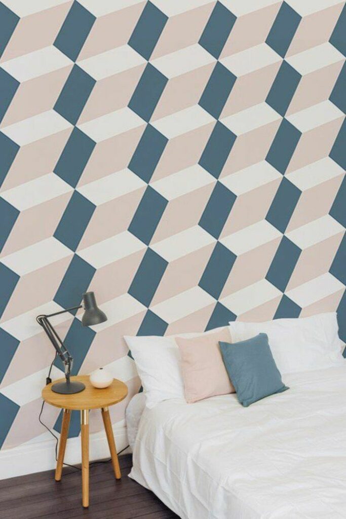 papier peint 3D rose bleu blanc tabouret bois rond lit double