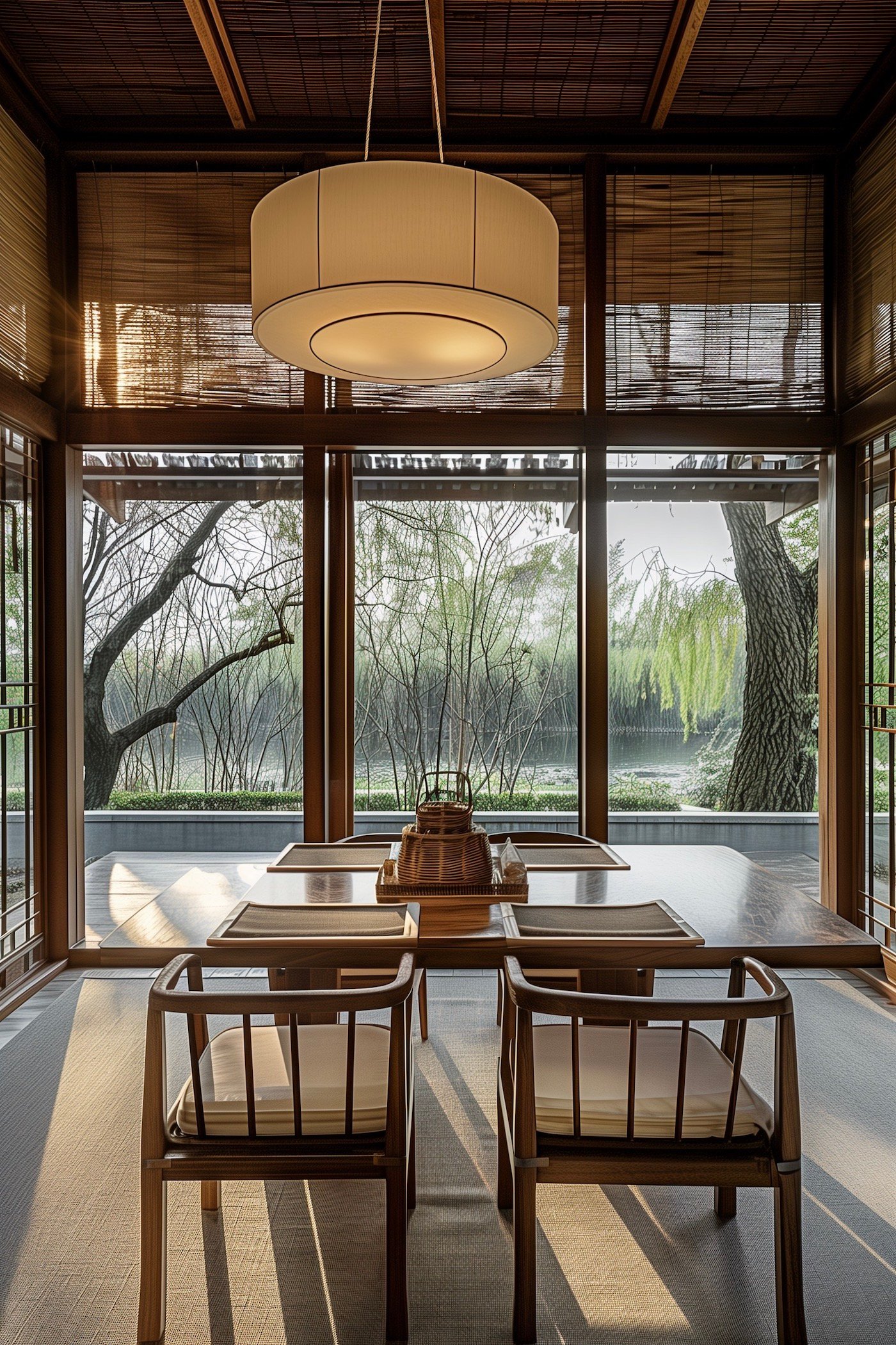 salle à manger sur lac décoration minimaliste japonisante