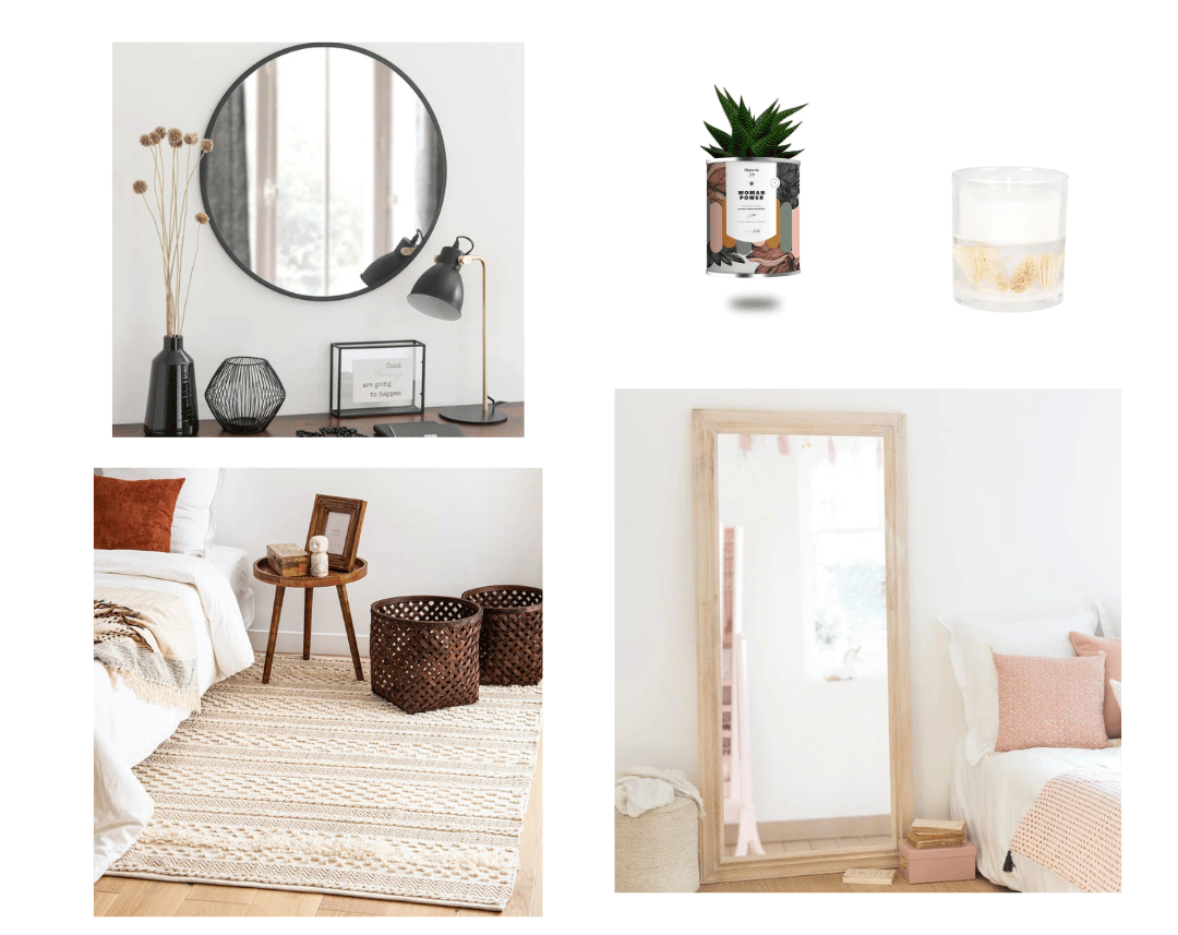 Accessoires bougie plante miroir tapis chambre
