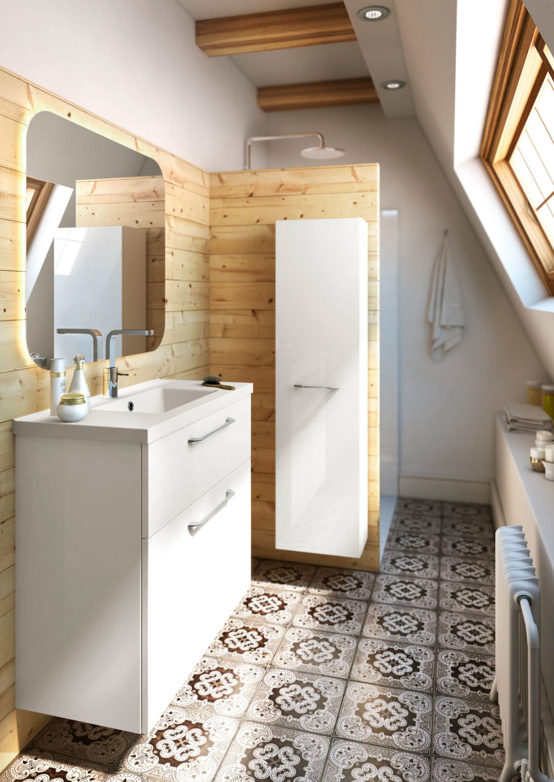 petite salle de bain sol carrelage gris miroir néon lumineux cloison bois spots lumineux plafond