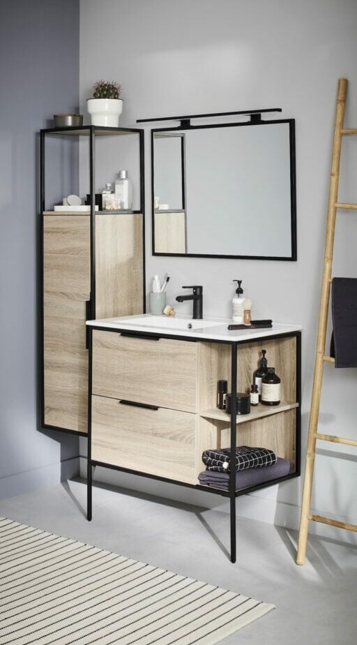 salle de bain carrelage effet ardoise noire meuble suspendu bois chêne massif