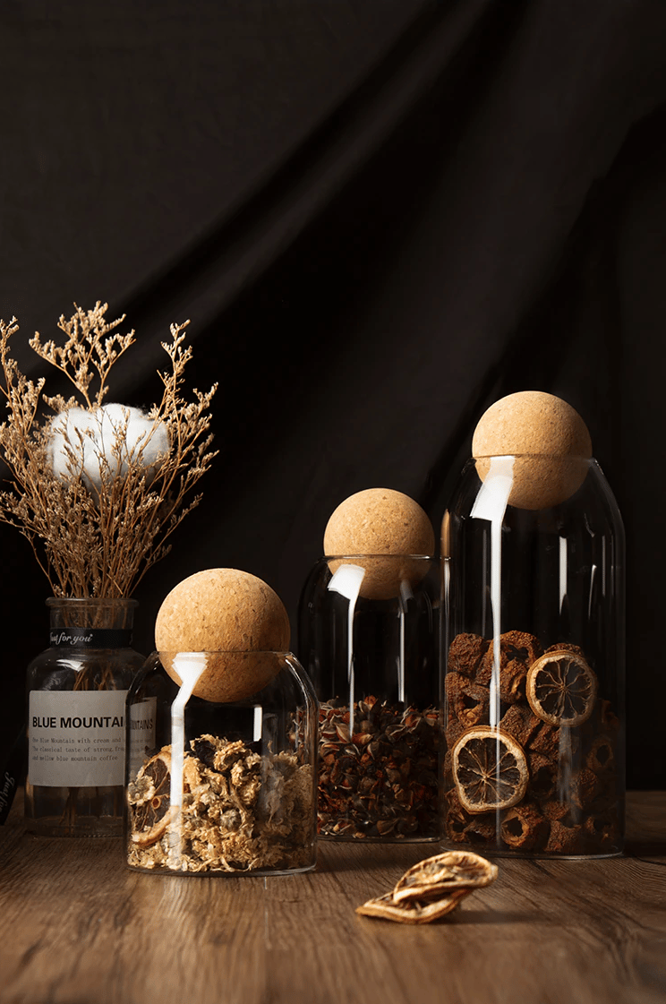 bocal verre couvercle liège rond boule table bois cuisine taille différente