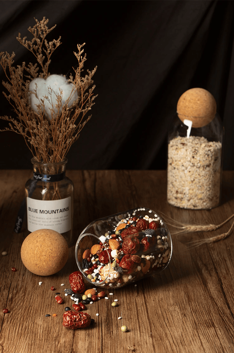 bocal verre couvercle liège rond boule table bois cuisine