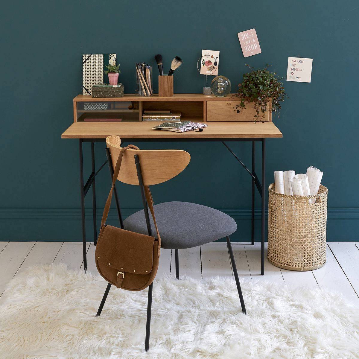 espace travail chambre enfant ado déco mur vert foncé canard