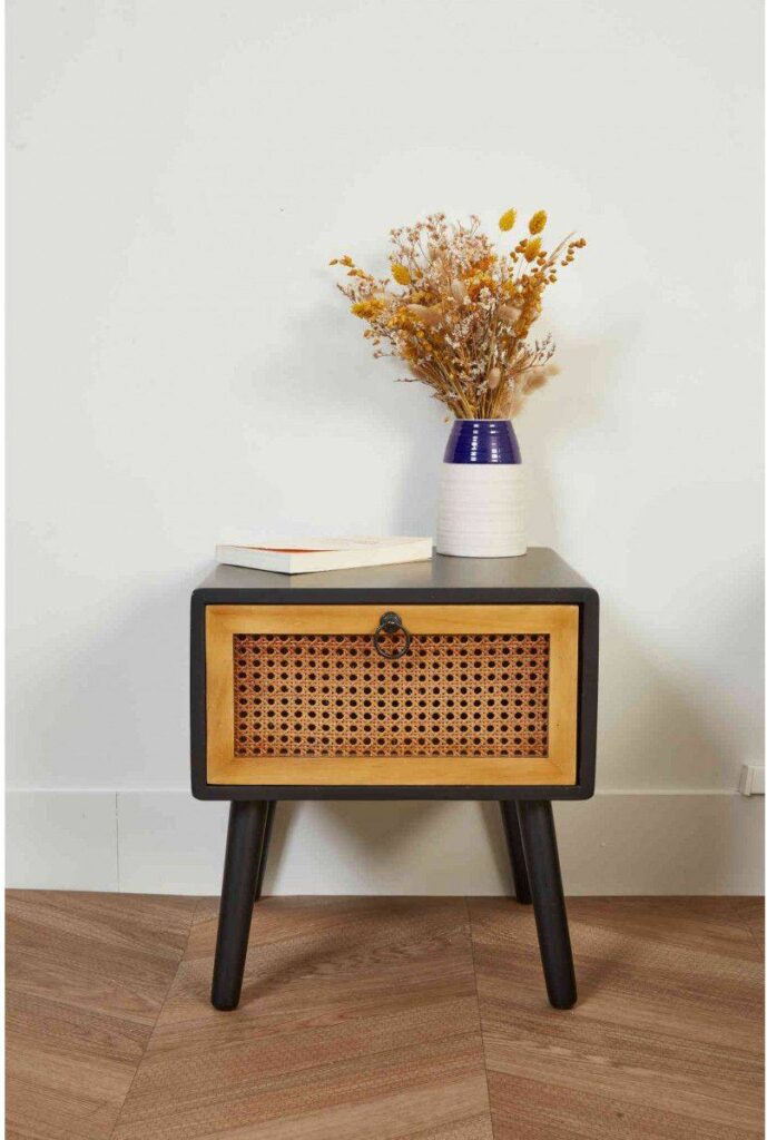 meuble cannage bois noir chevet chambre