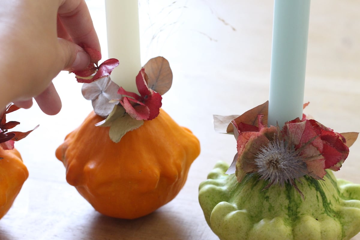 bougeoir photophore en citrouille fleur feuille séchée chardon