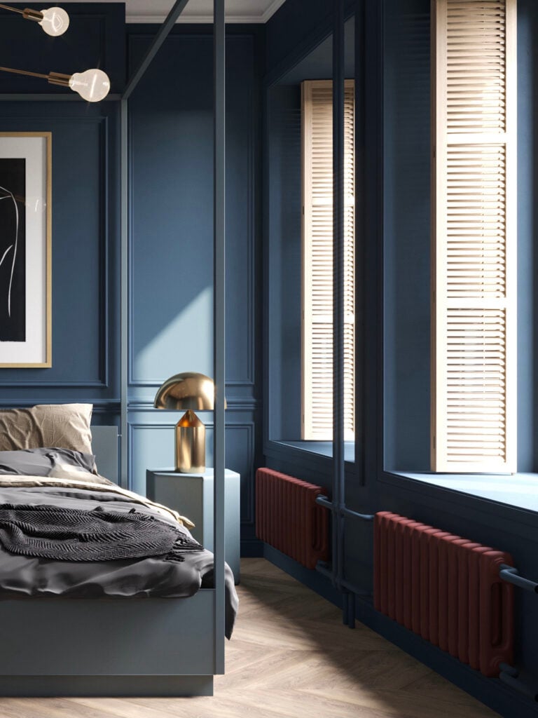 chambre bleue canard lampe Atollo grande laiton chevet