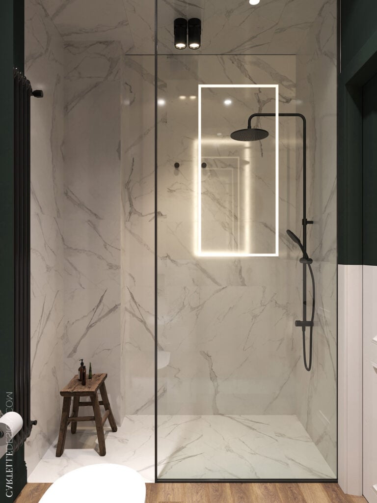 douche italienne noire robinet pommeau revêtement marbre blanc gris