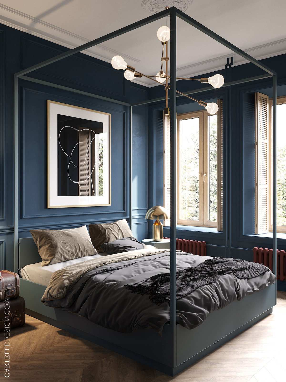 lit coffre baldaquin encadrement radiateur repeint rouge