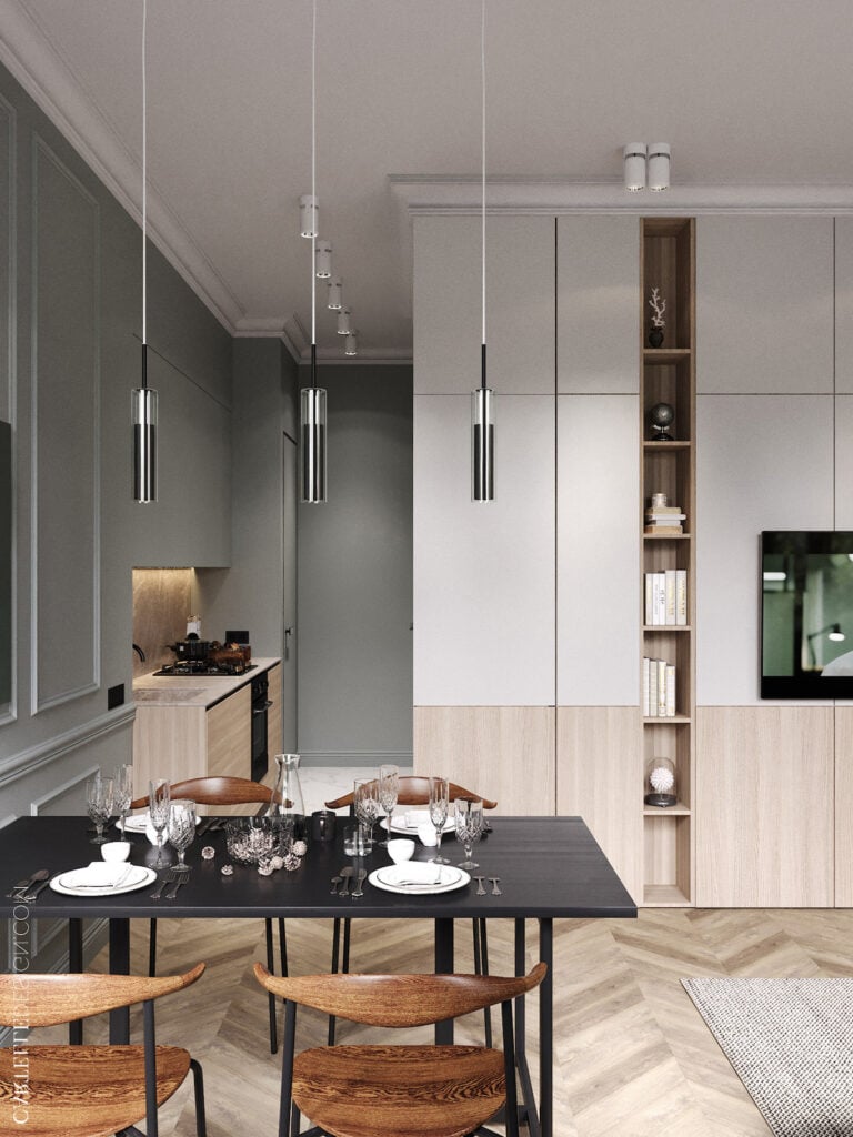 salon Haussmann soubassement bois moulure parquet point de Hongrie