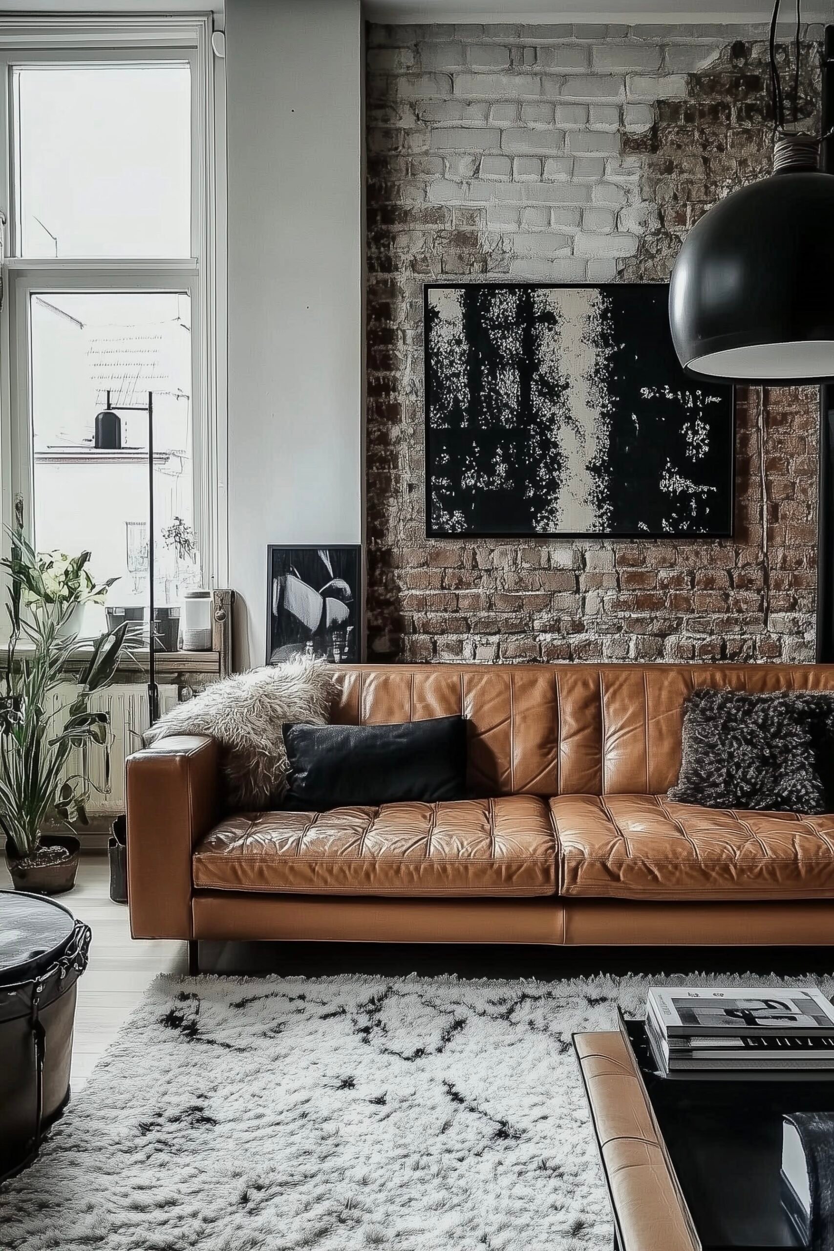 salon industriel canapé cuir camel mur briques brut