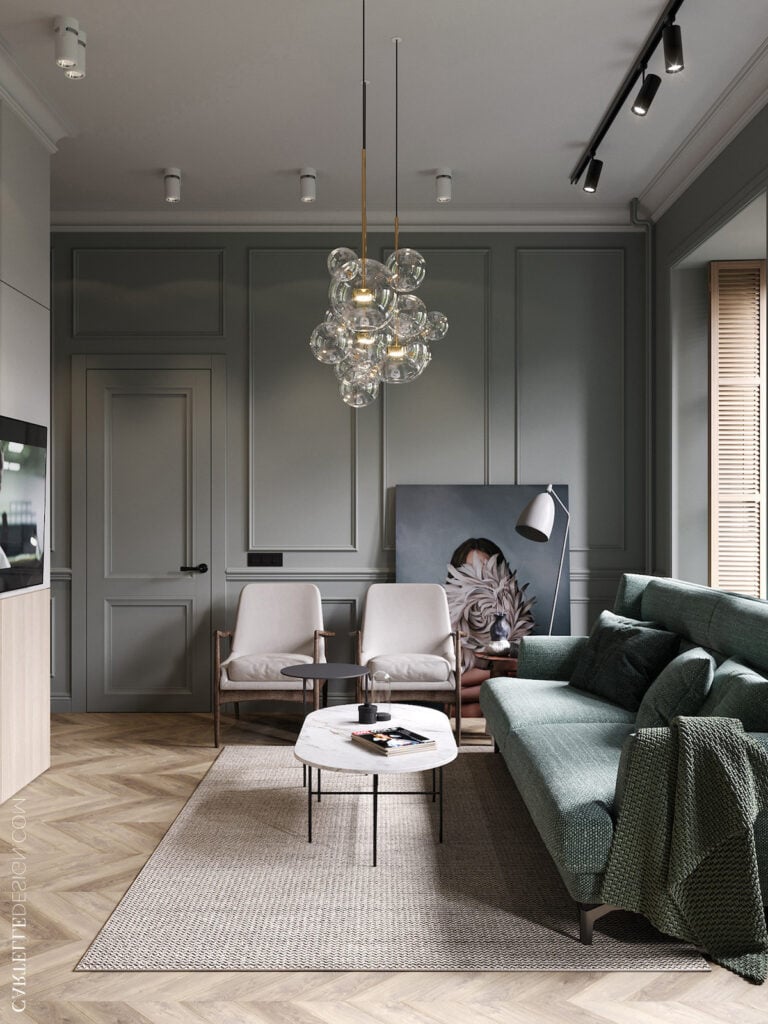 salon parisien appartement murs foncés canapé vert gris