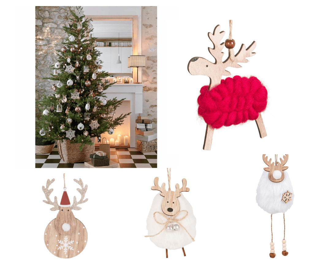 déco sapin de Noël bois renne laine fourrure