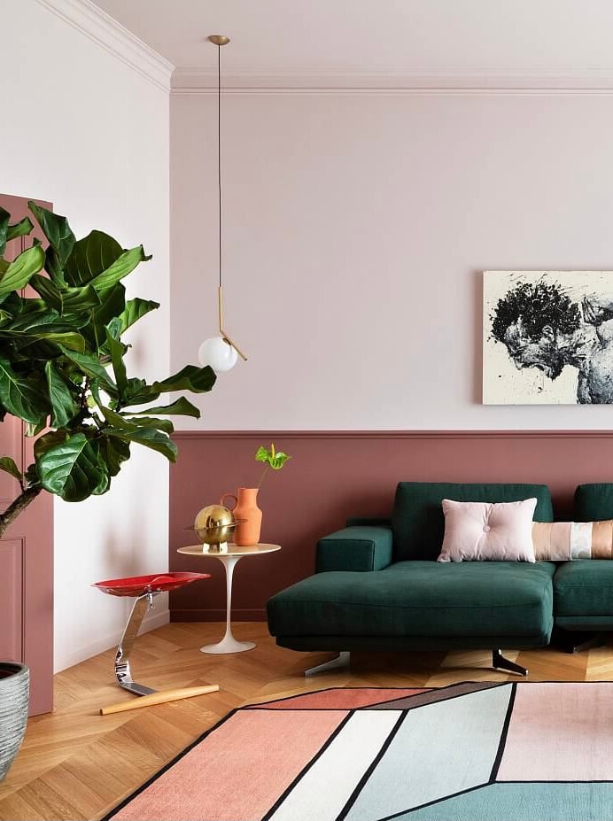 salon mur bicolore soubassement terracotta vieux rose