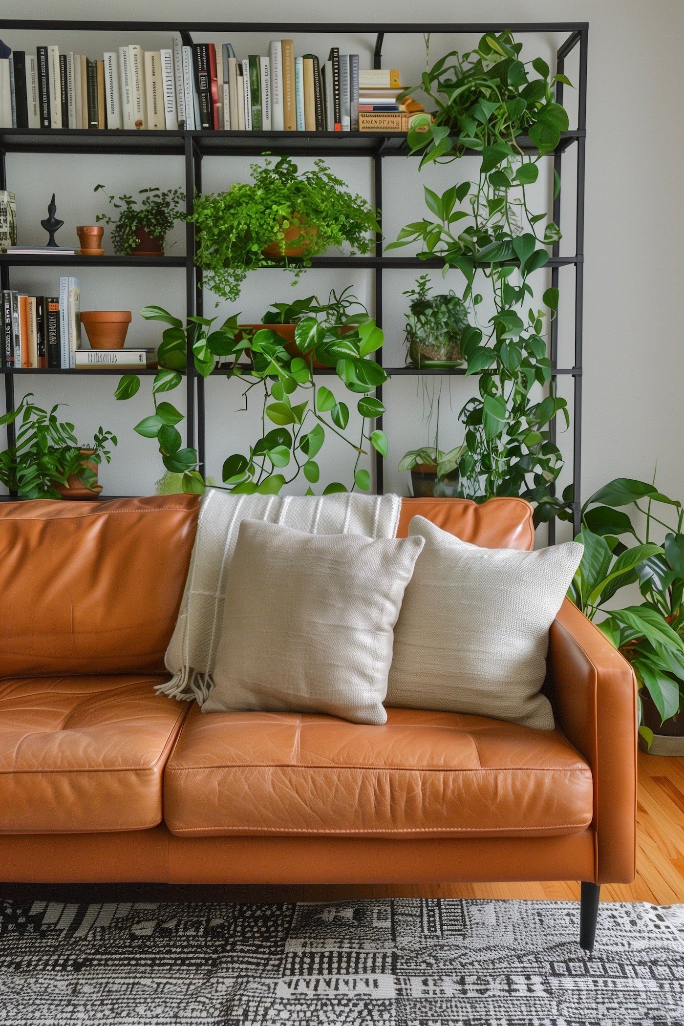 canapé cuir camel étagère métallique plantes bibliothèque