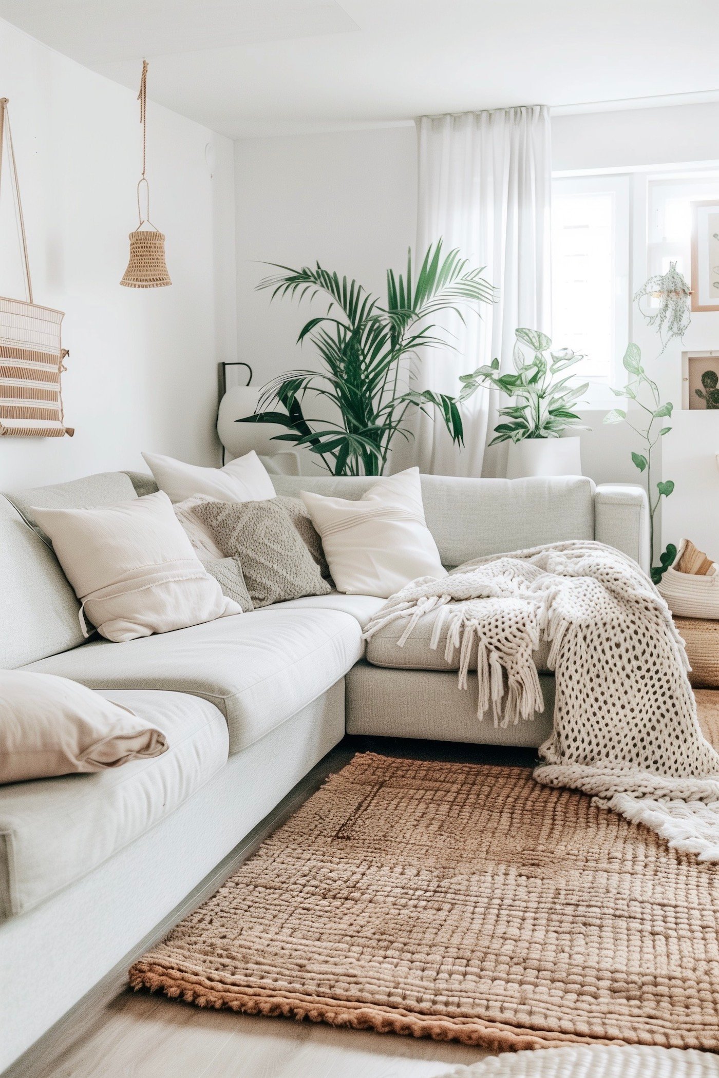 décoration hygge canapé angle tapis jute relief