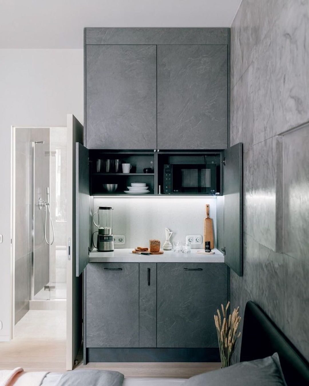 studio étudiant cuisine chambre gris clair