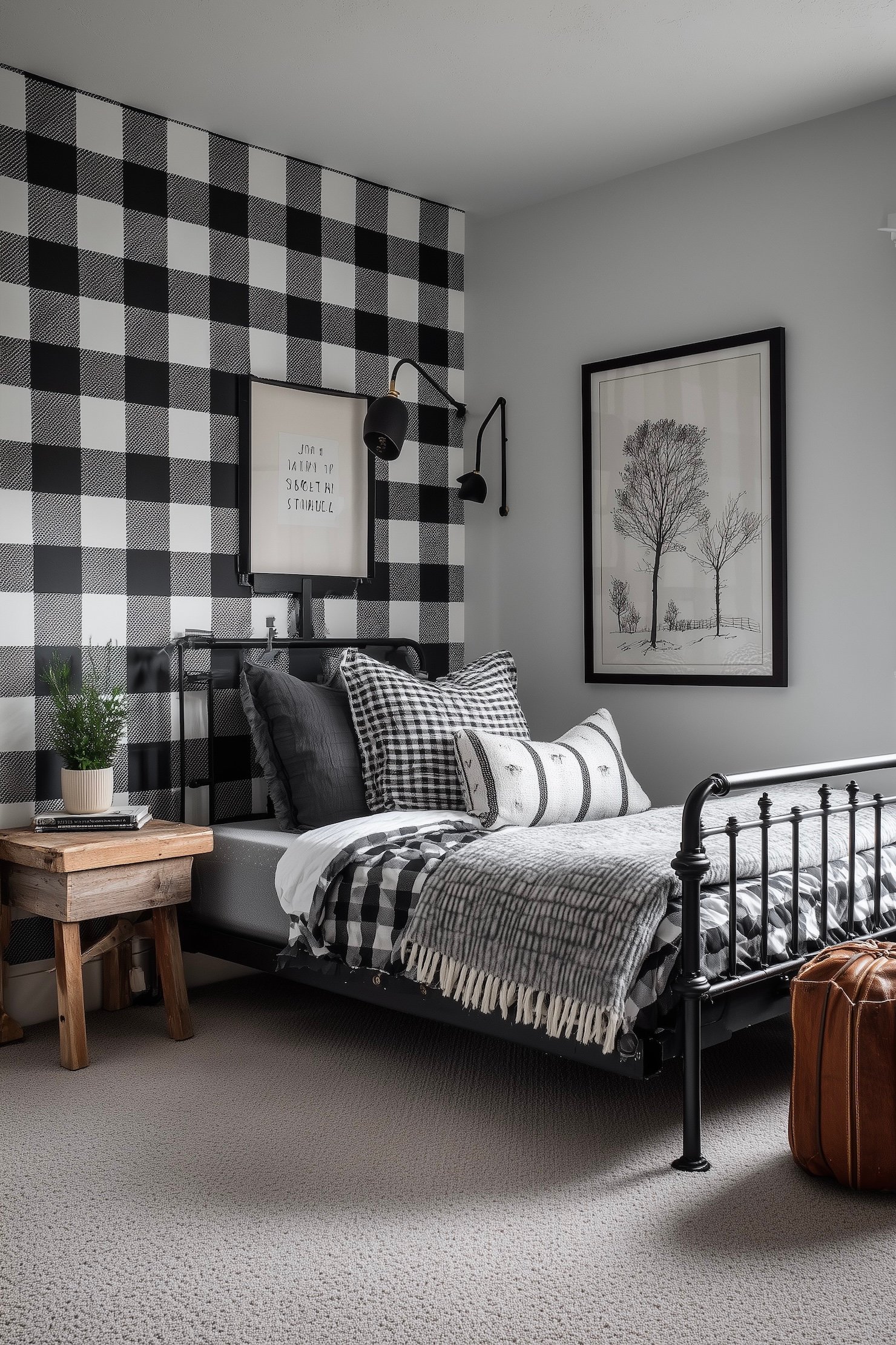 chambre ado papier peint vichy rétro