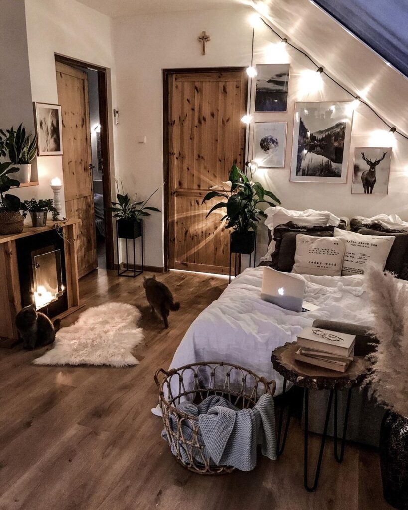 chambre cosy guirlande lumineuse panier osier