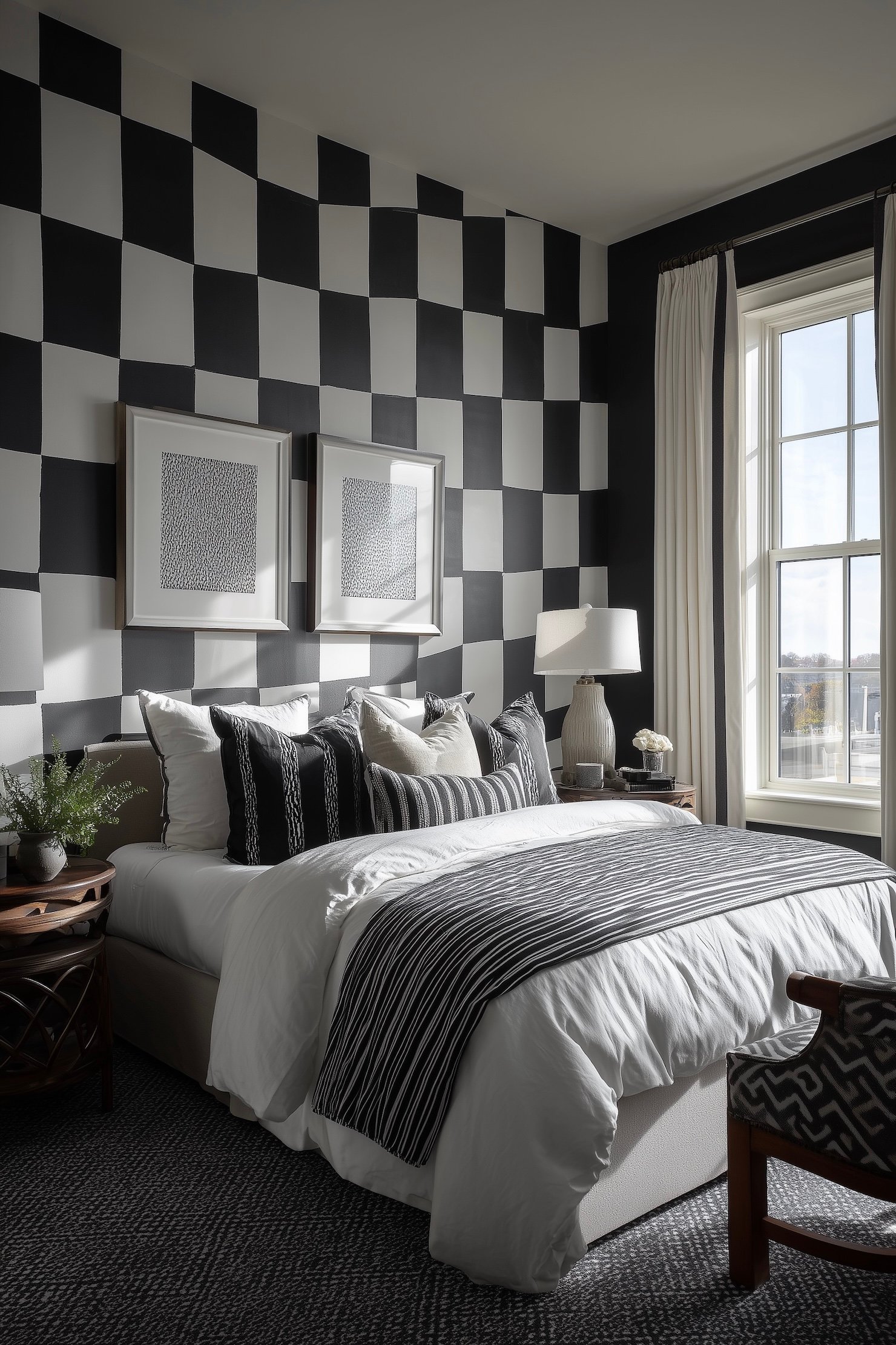 chambre papier peint trompe oeil petits carreaux