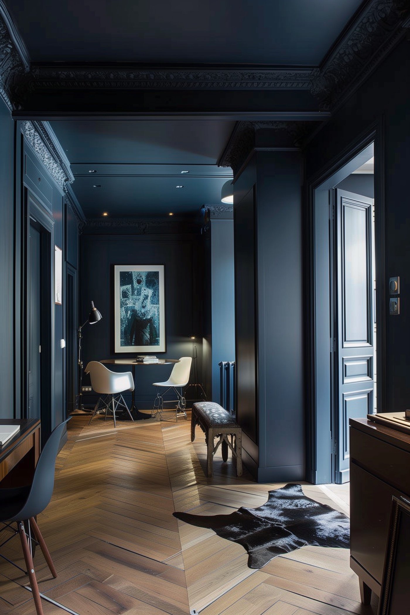 couloir couleur feutrée peinture sombre bleu parquet