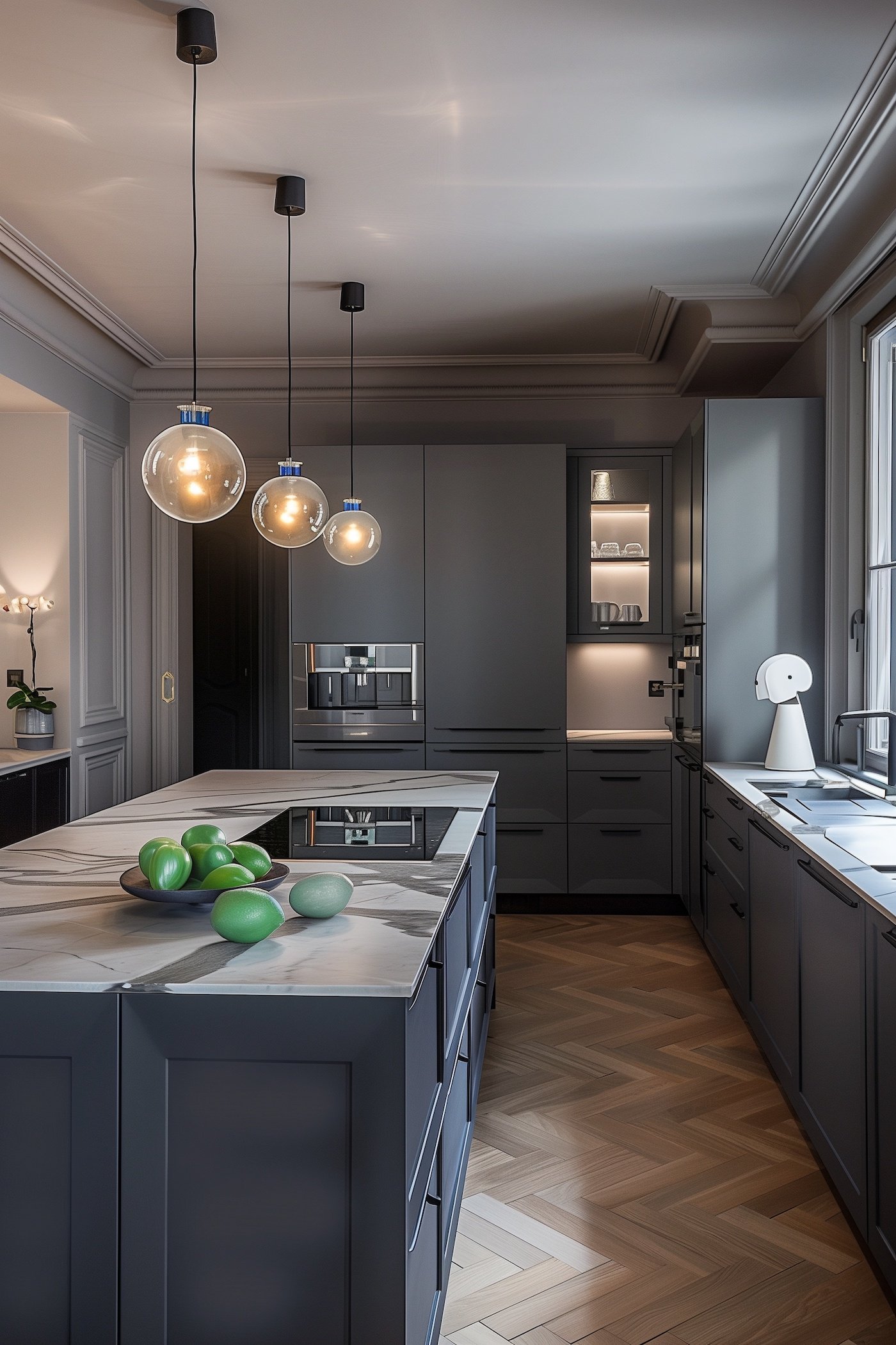 cuisine grise parquet point de Hongrie ilot marbre