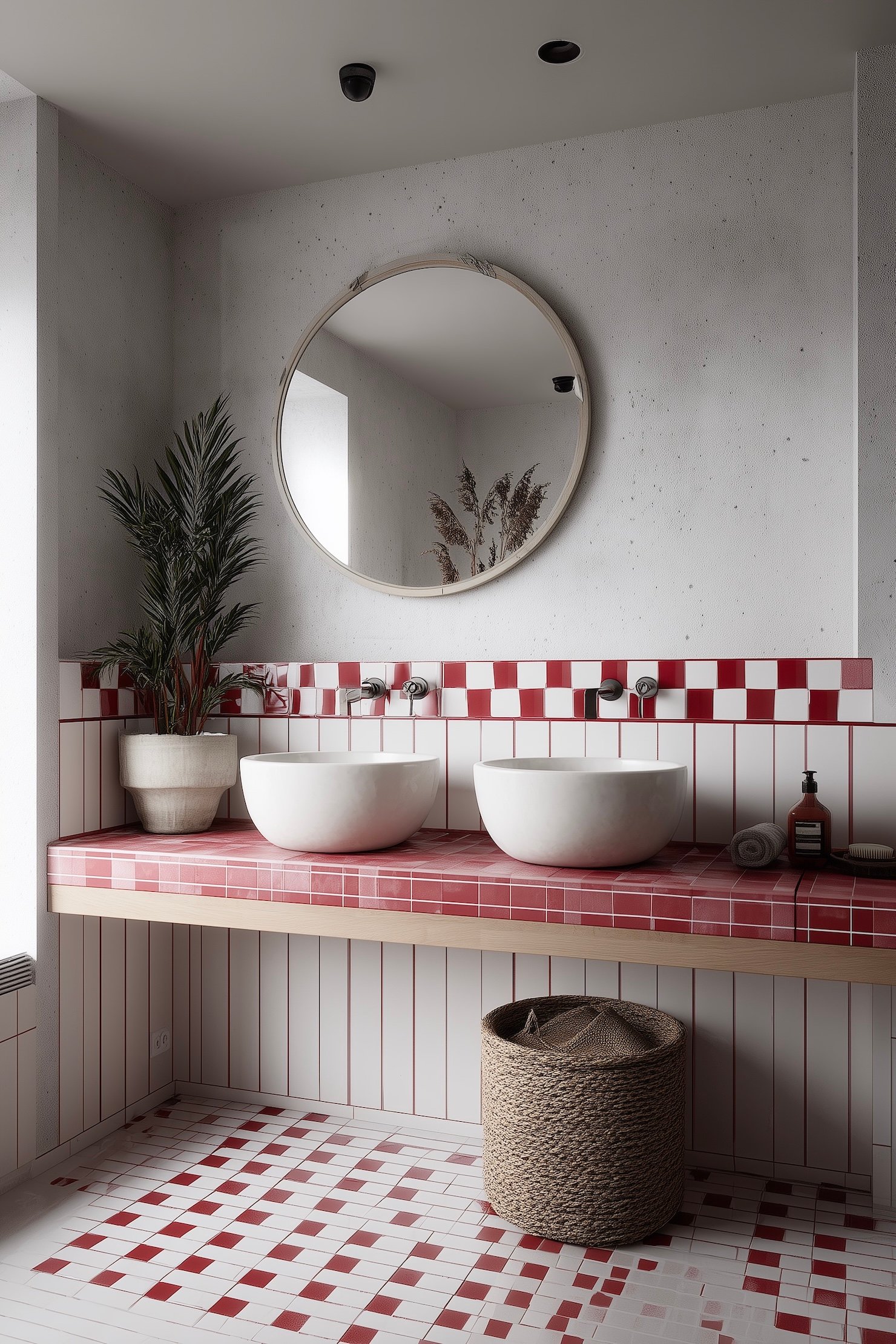 double vasque carrelage dépareillé graphique rouge blanc