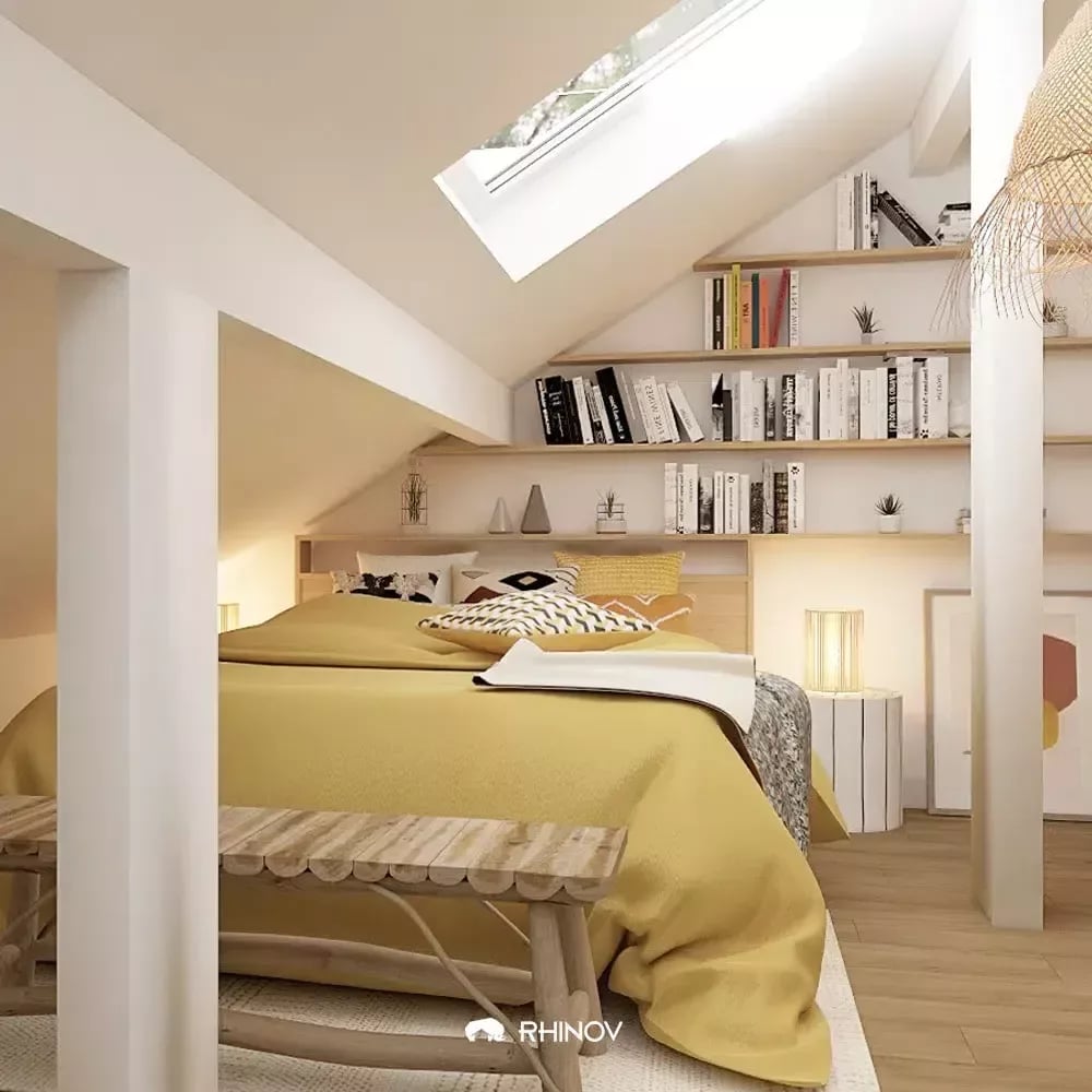 étagère sur mesure bois lit double plaid jaune suspension osier