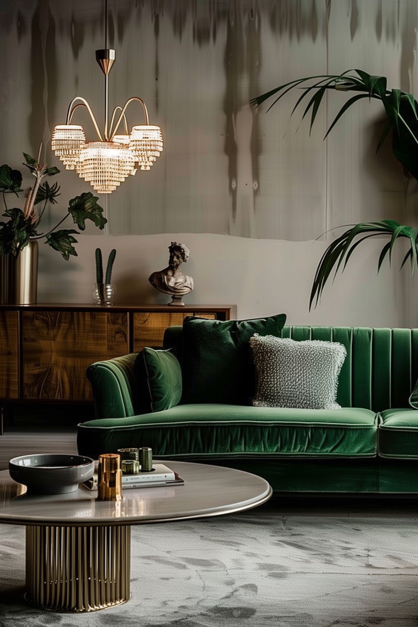 inspiration Art Déco salon rétro boudoir lustre chic canapé velours vert sapin