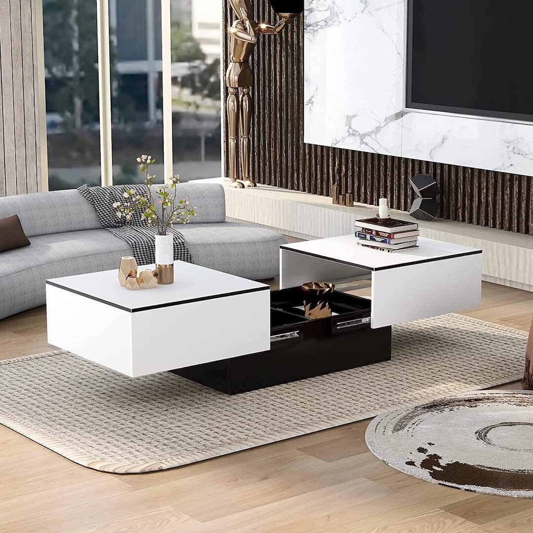 salon moderne table basse coulissante blanche verre canapé rond