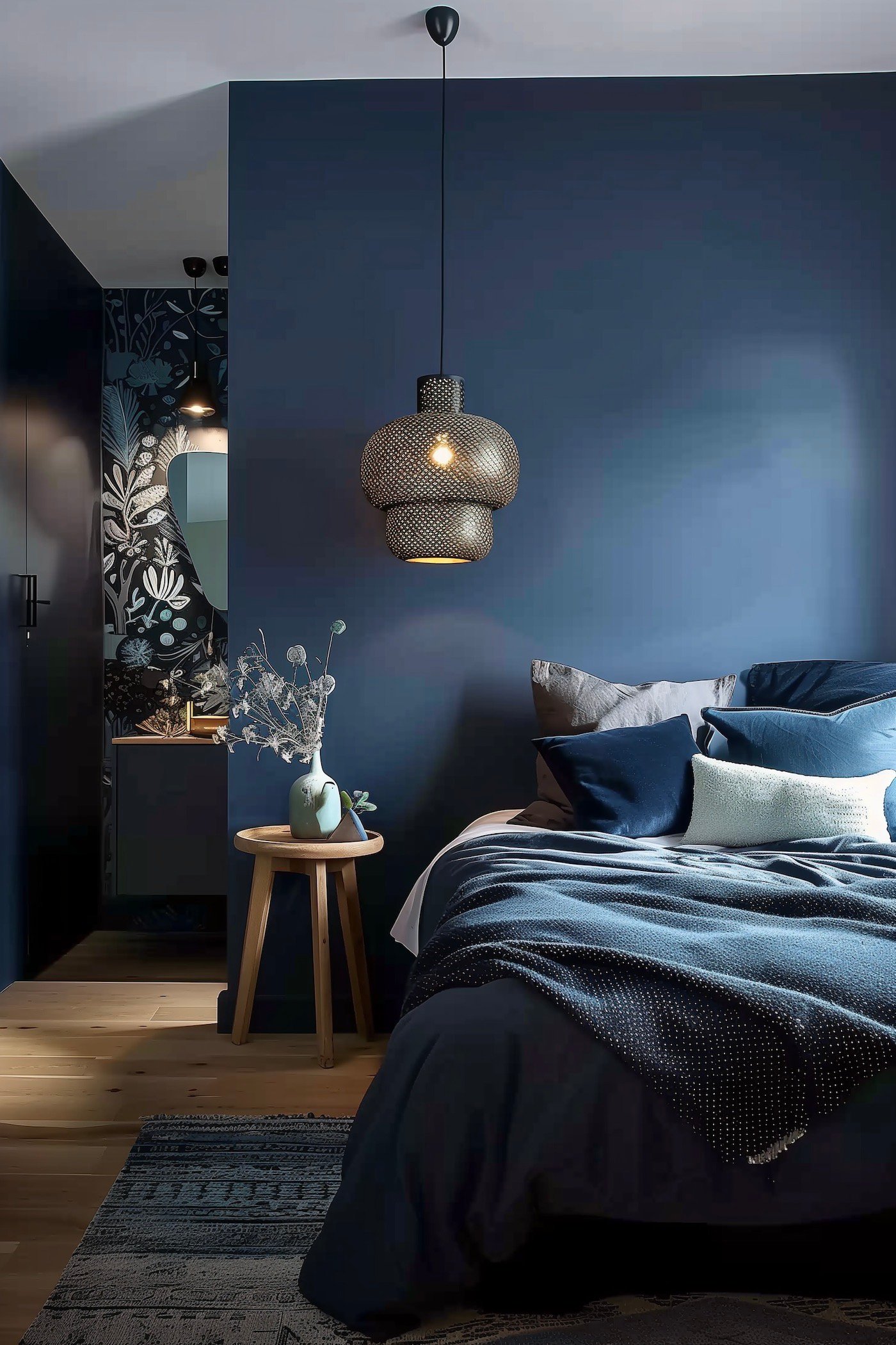 suite parentale mur bleu papier peint végétal